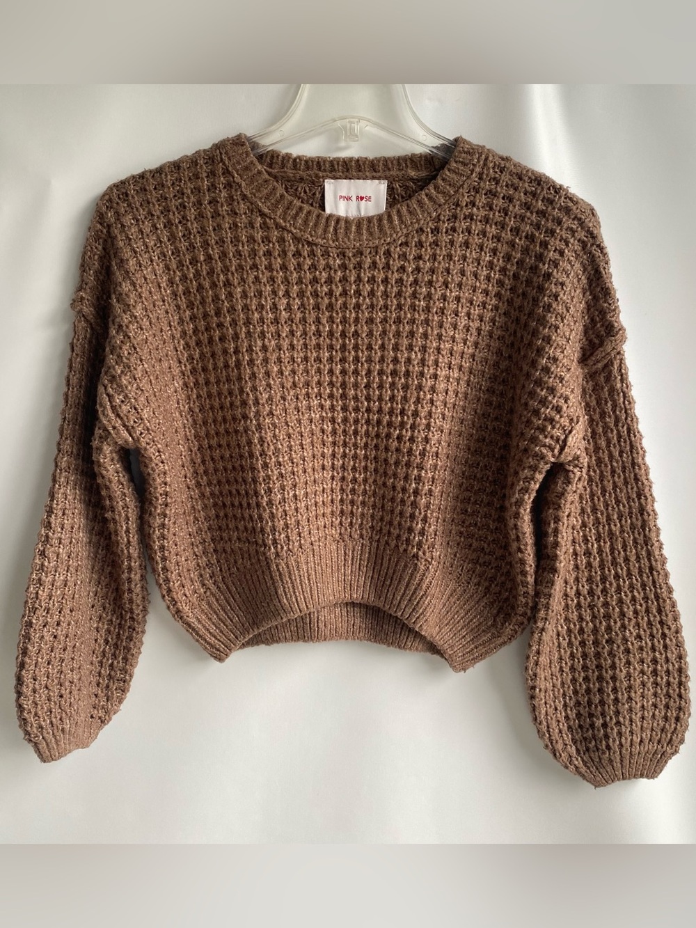 Women’s brown chunky knit balloon sleeve crop sweater medium cottage cabin fall